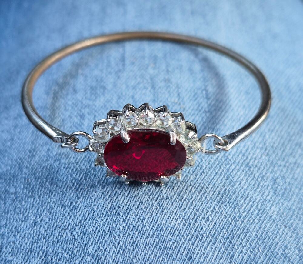 Vintage Faux Ruby Rhinestone Halo Bangle Bracelet Silver Tone Cuff Whimsigoth